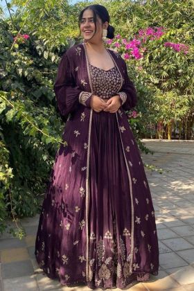 Dark Purple Satin Georgette Lehenga With Readymade Shrug