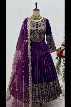 Dark Purple Sequence Work Anarkali Style Gown