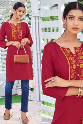 Dark Red 14 Kg Rayon Embroidery Work Kurti