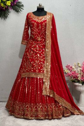 Dark Red Heavy Georgeet Sequence Work Lehenga With Long Top Kurti