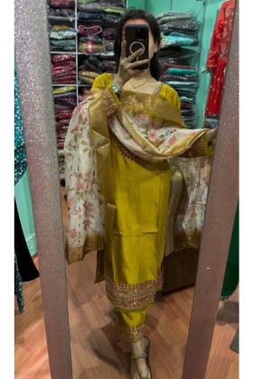 DarK Yellow Heavy Chinon Silk Designer Readymade Top & Bottom