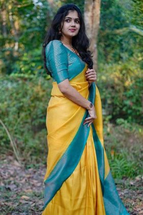 Dark Yellow Soft Lichi Silk Jacquard Work Saree