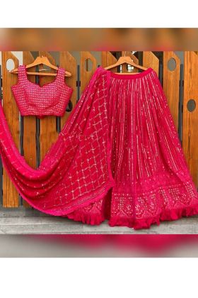 Deep Pink Fancy Border Less Work Lehenga Choli With Dupatta.