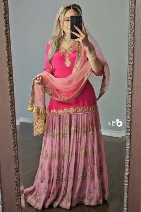 Deep Pink Faux Georgette Embroidery Work Lehenga Choli.