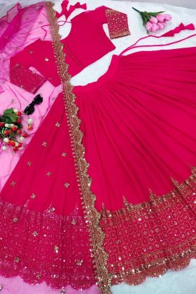 Deep Pink Faux Georgette Sequence Work Lehenga Choli