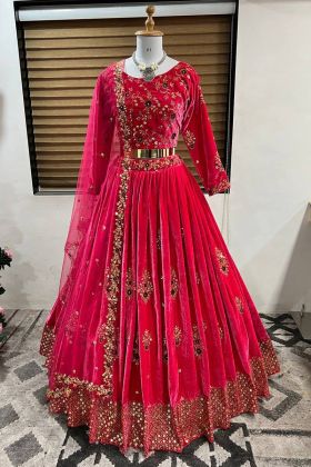 Deep Pink Viscose Velvet Sequence Work Lehenga Choli