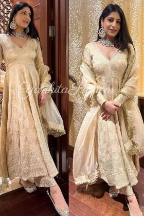 Designer Yankita Kapoor Wear Dusty Yellow V Neck Gown