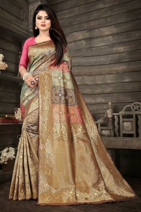 Diwali Festival Wear Gold Yellow Jacquard Work Lichi Silk Saree