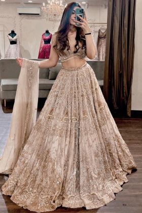 Dusty Peach Soft Net Thread Work Party Wear Lehenga Choli