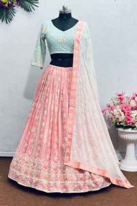 Embroidery Sequence Work Light Blue & Pink Color Lehenga Choli.