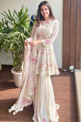 Fancy White 60 GM Georgette Mirror Work Sharara Salwar Suit With Digital Print Dupatta