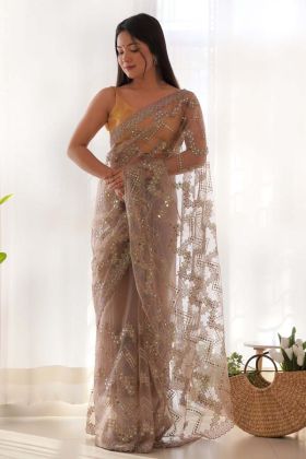 Golden Color Butterfly Net Sequence Work Festive Saree