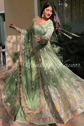 Grass Green Heavy Chonon Silk Festival Wear Gown