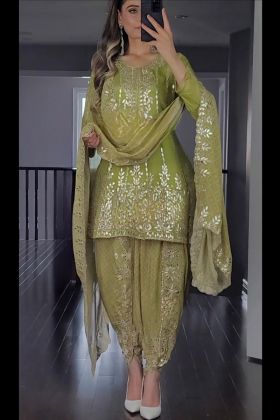 Green Embroidery Work Dhoti Salwar Suit