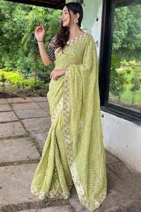 Green Pure Faux Georgette Lakhnavi Work Saree