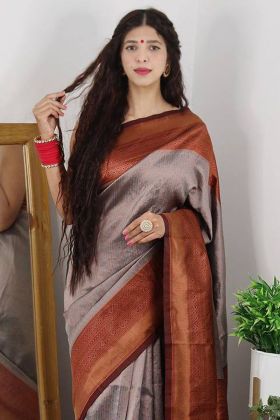 Grey Banarasi Soft Silk Copper Zari Work Saree