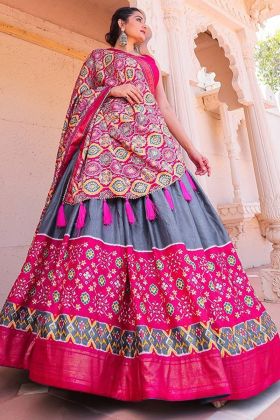 Grey Dola Silk Bandhani Printed Lehenga Choli