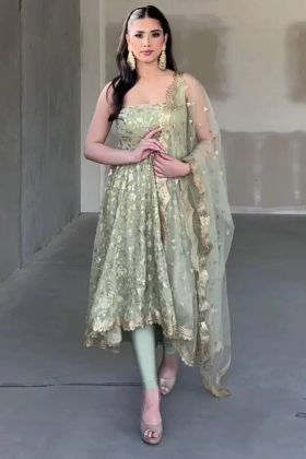 Grey Embroidery Work Anarkali Style Salwar Suit