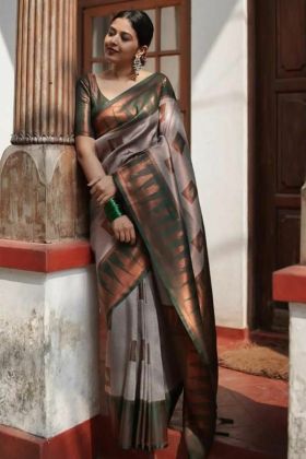 Grey Jacquard Work Lichi Silk Saree