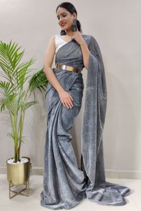 Grey Net Material Saree With Metal Belt