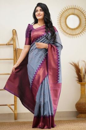 Grey Soft Lichi Silk Jacquard Work Saree