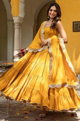 Haldi Special Yellow Long Ruffle Gown