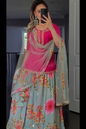 Light Blue Flower Printed Lehenga With Tunic Top