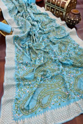 Light Blue Multi Work Soft Georgette Saree