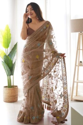 Light Brown Butterfly Net Aari Work Saree