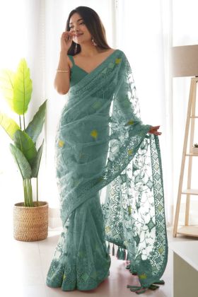 Light Green Butterfly Net Stone Work Saree