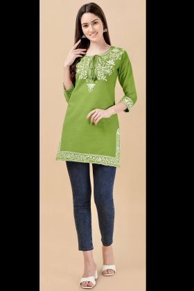 Light Green Rayon Embroiderd Short Kurti