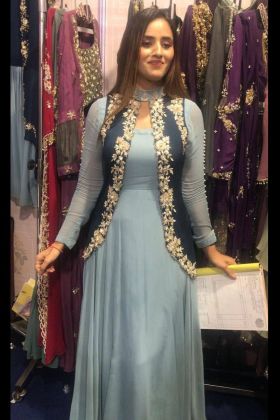 Light Grey Heavy Georgette Plain Gown With Designer Koti