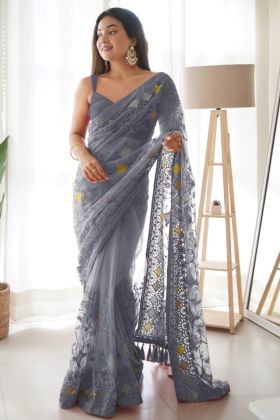 Light Grey Multi Thread Work Butterfly Net Saree