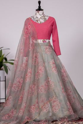 Light Grey Organza Floral Print Lehenga Choli