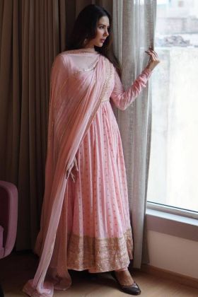 Light Pink Faux Georgette Embroidery Work Gown