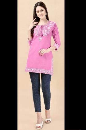 Light Pink Rayon Kurti With Fancy Neck