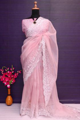 Light Pink Thread Embroidery Work Saree