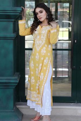 Light Yellow Rayon Chain Stitch Work Dress