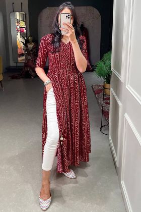 Maroon Bandhani Printed Readymade Kurti