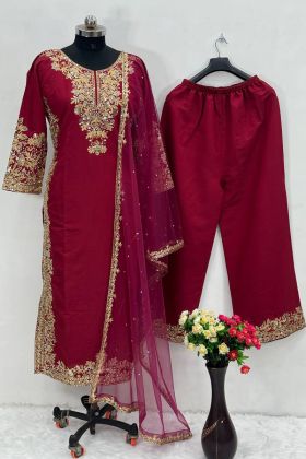 Maroon Color Roman Silk Festival Wear Top Pant Suit