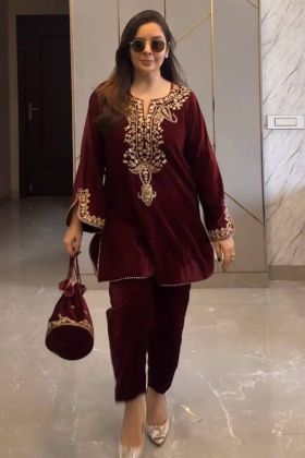 Maroon Embroidery Work Viscose Velvet Straight Suit