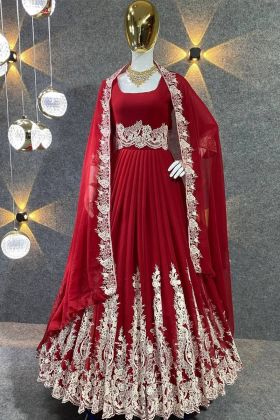 Maroon Faux Georgette Anarkali Gown For Wedding