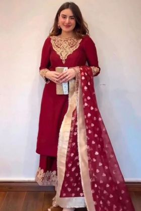 Maroon Faux Georgette Thread Work Salwar Suit