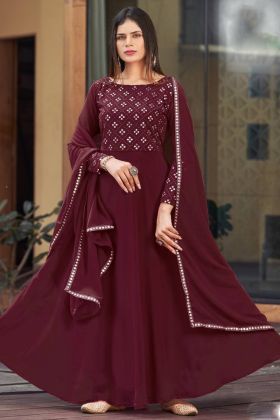 Maroon Foil Mirror Work Readymade Kurti