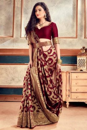 Maroon Jacquard Work Lichi Silk Saree