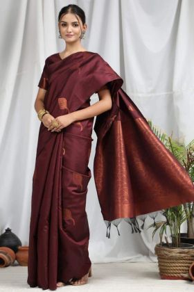 Maroon Jacquard Work Soft Lichi Silk Saree