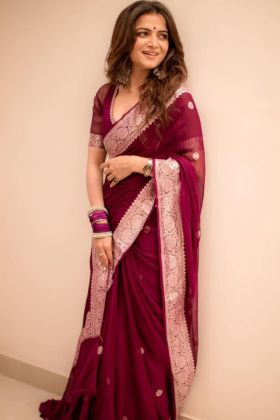 Maroon Soft Lichi Silk Jacquard Work Saree