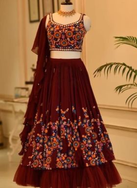 Maroon Thread Embroidered Lehenga Choli