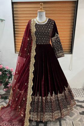 Maroon Viscose Velvet Embroidery Work Gown