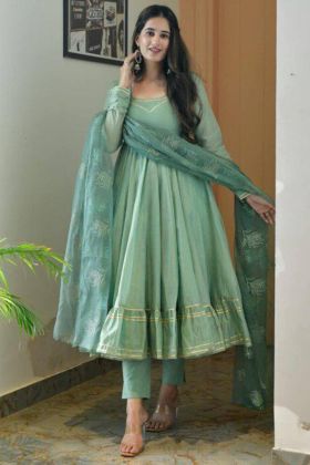 Mint Green Faux Georgette Ruffle Anarkali Gown With Dupatta